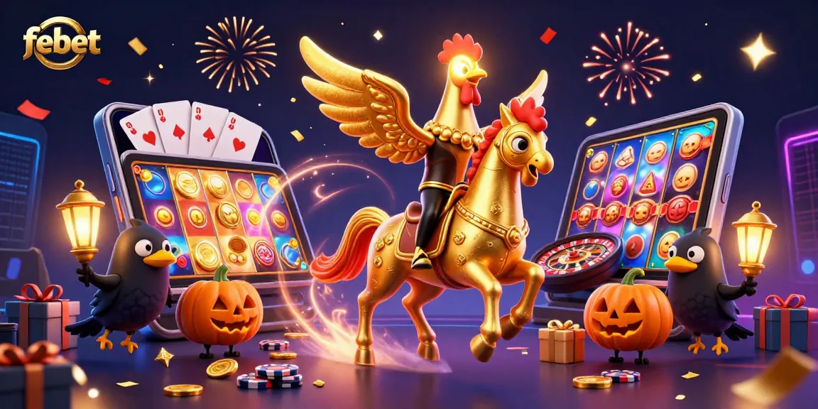 Experience febet with a mystical scene of a golden rooster in an engaging casino environment showcasing various games and luck elements.
