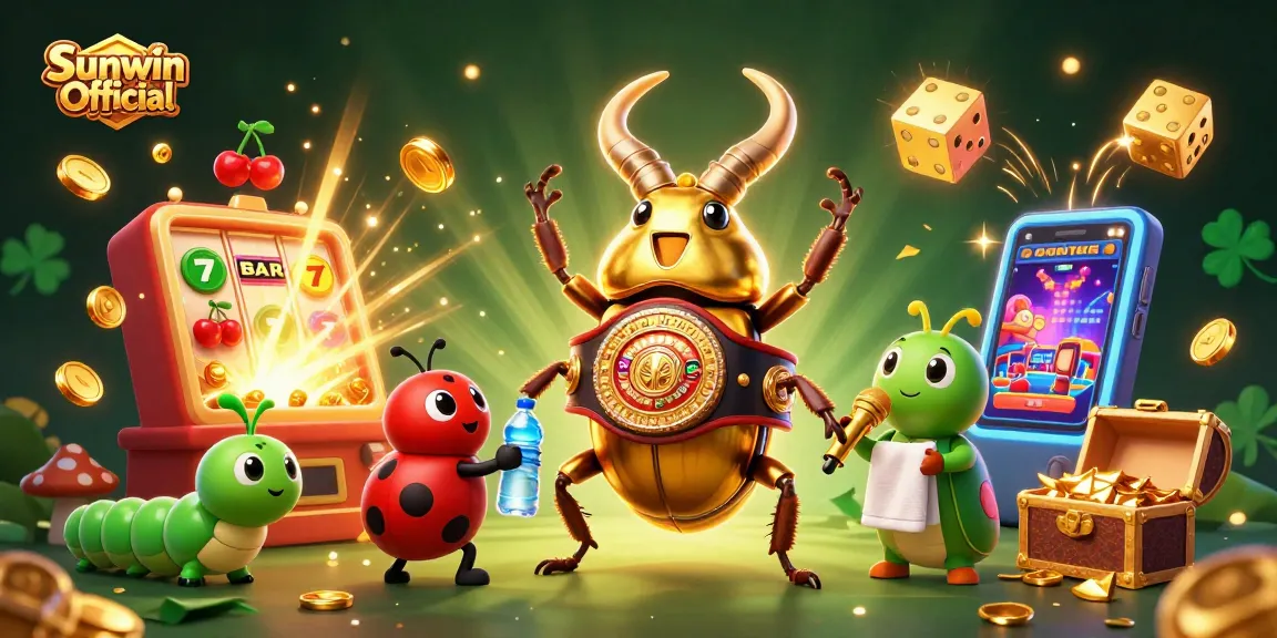 Sunwin Official showcases a vibrant casino scene with a golden stag beetle champion and festive game elements.