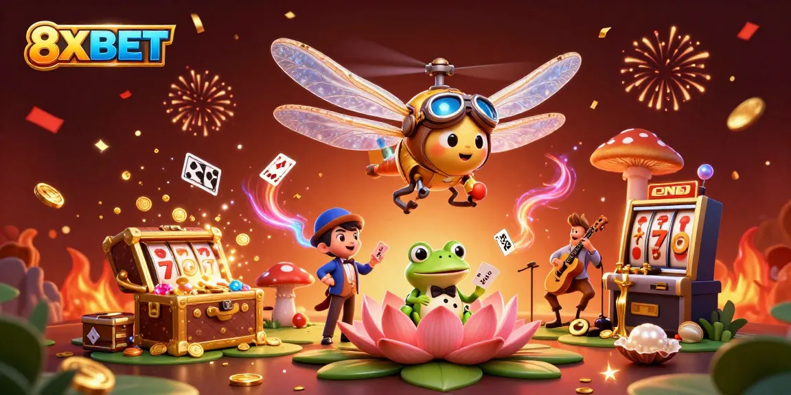 Join the excitement at 8XBET with a thrilling 3D casino scene filled with vibrant games.