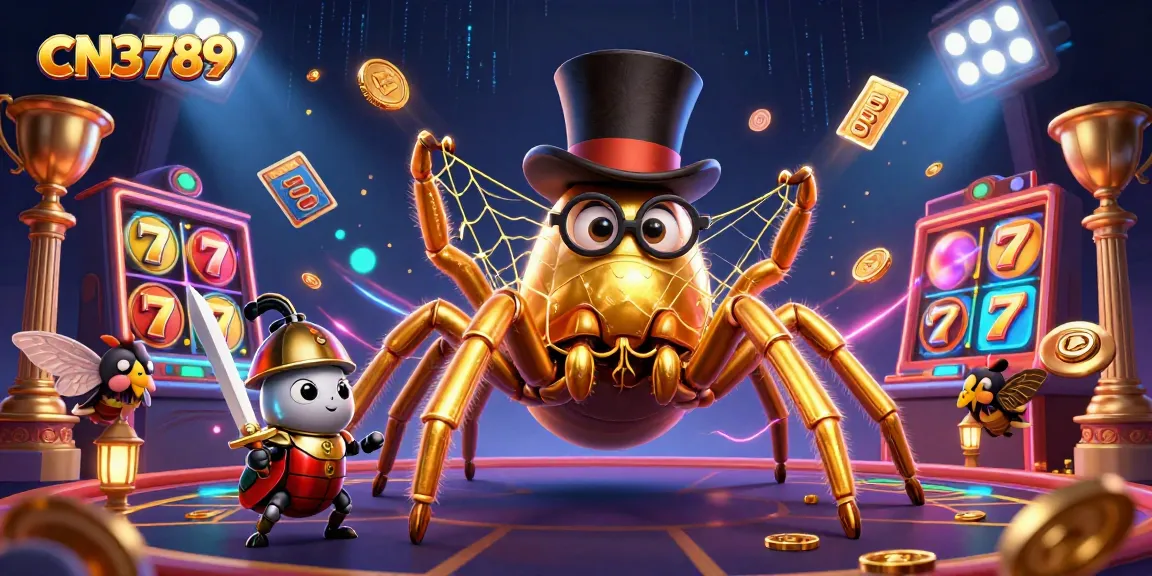 Engaging illustration showcasing CN3789's golden tarantula and beetle knight amidst dynamic casino elements.