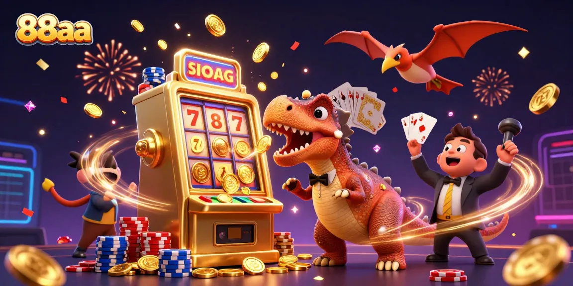 Experience the thrill of a jackpot with 88aa's colorful gaming scene featuring a pachycephalosaurus and vibrant slots.