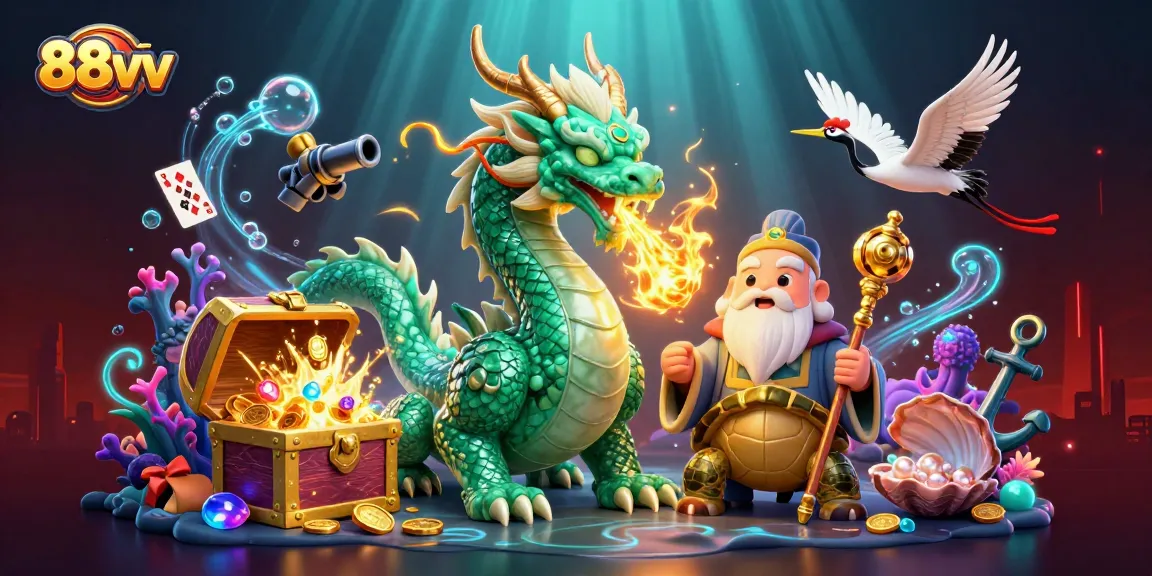 Engage in thrilling gameplay with 88vv, a vibrant 3D scene featuring a jade dragon and lucky cranes.