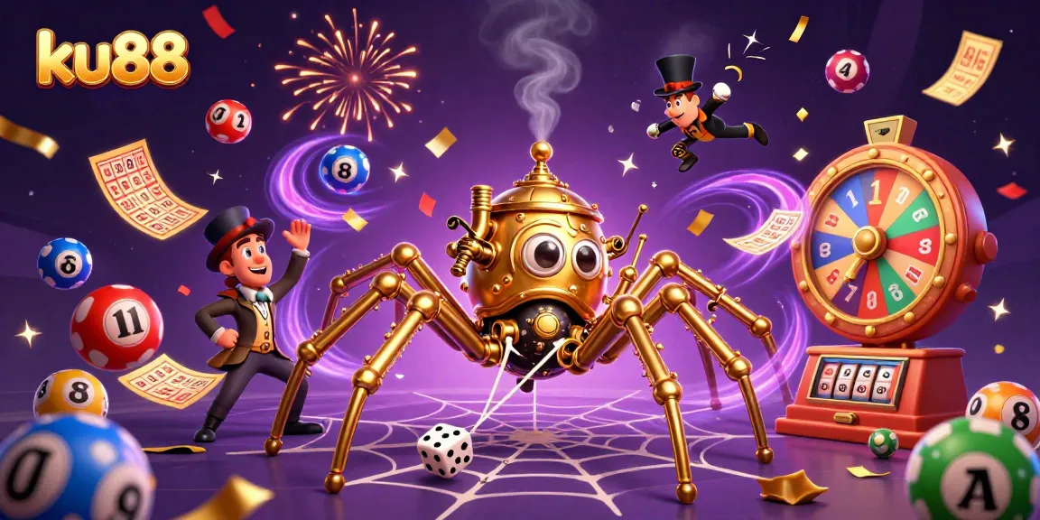 Feel the excitement of ku88 as a golden spider lures dice amid a colorful lottery scene.
