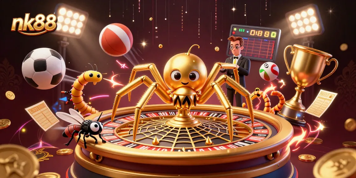 Spin the roulette wheel at nk88 with a golden spider and a centipede croupier in a vibrant casino scene.