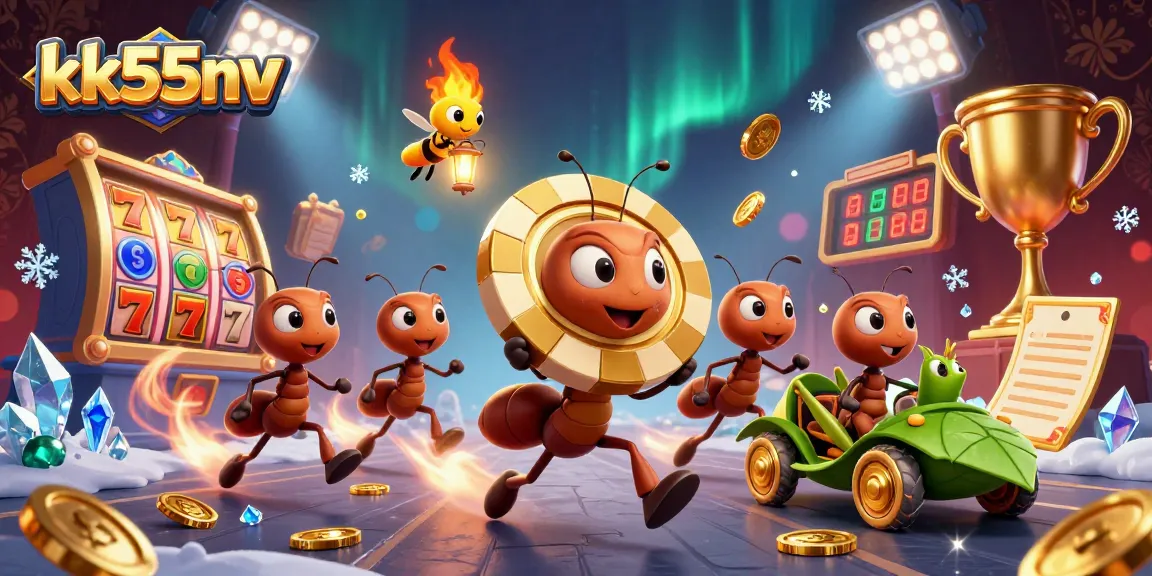 Witness the kk55nv heist: ants carrying a giant poker chip amidst vibrant casino elements.