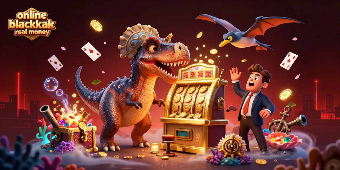 Experience thrilling online blackjack real money gameplay with exciting casino characters and an action-filled scene.