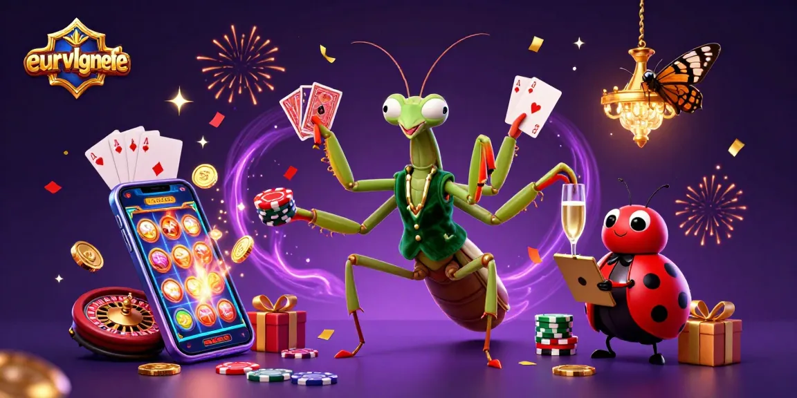 eurvlgnete showcases a vibrant 3D illustration of gambling elements with a mantis dealer and ladybug pit boss.