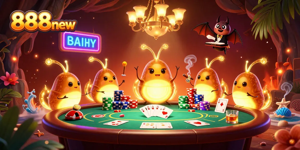 Experience the thrill of 888new with a vibrant casino scene featuring animated glowworms and immersive poker action.