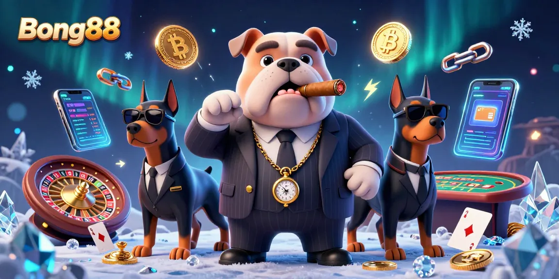 Bong88 showcases a thrilling gambling scene with a mafia boss bulldog and bodyguards surrounded by roulette elements and crypto coins.