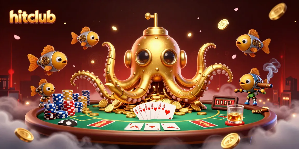 Engage with hitclub's exciting poker scene featuring a golden kraken submarine and vibrant poker elements.