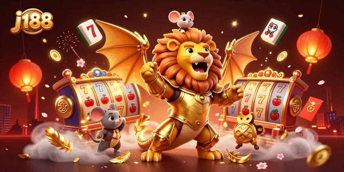 Experience the thrill of j188 with a dynamic casino scene featuring golden slot elements and action-packed characters.