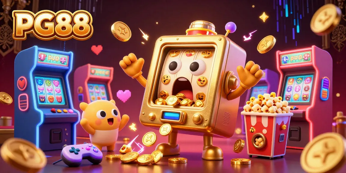Play PG88's exciting games as a golden slot machine hits the jackpot and coins burst forth.
